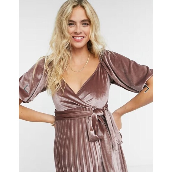 ASOS Maternity Dress Women 8 Velvet Pleat Midi Dusky Pink Holiday Fall Mauve - Picture 2 of 10